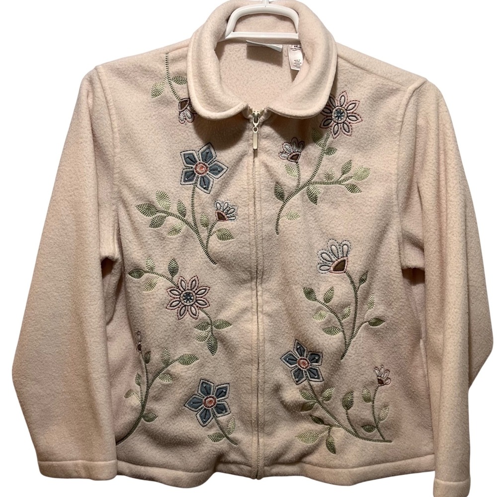 Alfred Dunner Petite Womens Dusty Pink Fleece Floral Embroidered Zip Up‎ Jacket